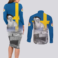 Sweden Sveriges Nationaldag Couples Matching Long Sleeve Bodycon Dress and Long Sleeve Button Shirt King Gustav Vasa with Stockholm Slott