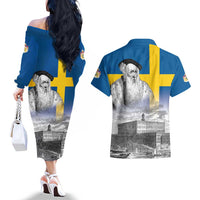 Sweden Sveriges Nationaldag Couples Matching Off The Shoulder Long Sleeve Dress and Hawaiian Shirt King Gustav Vasa with Stockholm Slott