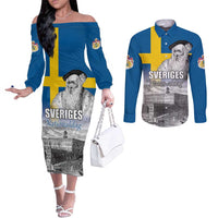 Sweden Sveriges Nationaldag Couples Matching Off The Shoulder Long Sleeve Dress and Long Sleeve Button Shirt King Gustav Vasa with Stockholm Slott
