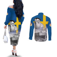 Sweden Sveriges Nationaldag Couples Matching Off The Shoulder Long Sleeve Dress and Long Sleeve Button Shirt King Gustav Vasa with Stockholm Slott