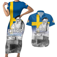 Sweden Sveriges Nationaldag Couples Matching Short Sleeve Bodycon Dress and Hawaiian Shirt King Gustav Vasa with Stockholm Slott