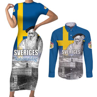 Sweden Sveriges Nationaldag Couples Matching Short Sleeve Bodycon Dress and Long Sleeve Button Shirt King Gustav Vasa with Stockholm Slott