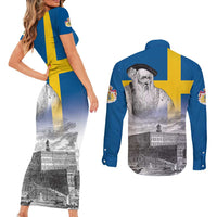 Sweden Sveriges Nationaldag Couples Matching Short Sleeve Bodycon Dress and Long Sleeve Button Shirt King Gustav Vasa with Stockholm Slott