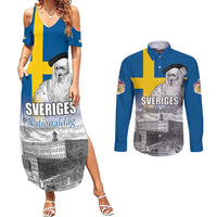 Sweden Sveriges Nationaldag Couples Matching Summer Maxi Dress and Long Sleeve Button Shirt King Gustav Vasa with Stockholm Slott