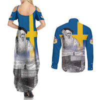 Sweden Sveriges Nationaldag Couples Matching Summer Maxi Dress and Long Sleeve Button Shirt King Gustav Vasa with Stockholm Slott