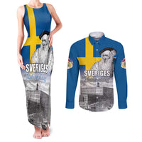 Sweden Sveriges Nationaldag Couples Matching Tank Maxi Dress and Long Sleeve Button Shirt King Gustav Vasa with Stockholm Slott