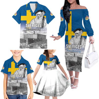 Sweden Sveriges Nationaldag Family Matching Off The Shoulder Long Sleeve Dress and Hawaiian Shirt King Gustav Vasa with Stockholm Slott