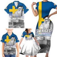 Sweden Sveriges Nationaldag Family Matching Short Sleeve Bodycon Dress and Hawaiian Shirt King Gustav Vasa with Stockholm Slott