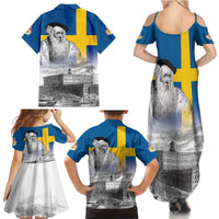 Sweden Sveriges Nationaldag Family Matching Summer Maxi Dress and Hawaiian Shirt King Gustav Vasa with Stockholm Slott