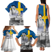 Sweden Sveriges Nationaldag Family Matching Tank Maxi Dress and Hawaiian Shirt King Gustav Vasa with Stockholm Slott