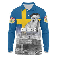 Sweden Sveriges Nationaldag Long Sleeve Polo Shirt King Gustav Vasa with Stockholm Slott