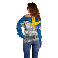 Sweden Sveriges Nationaldag Off Shoulder Sweater King Gustav Vasa with Stockholm Slott