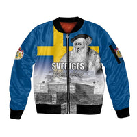 Sweden Sveriges Nationaldag Sleeve Zip Bomber Jacket King Gustav Vasa with Stockholm Slott