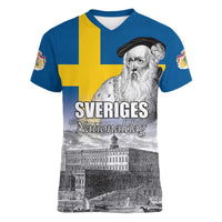 Sweden Sveriges Nationaldag Women V-Neck T-Shirt King Gustav Vasa with Stockholm Slott