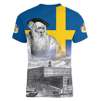Sweden Sveriges Nationaldag Women V-Neck T-Shirt King Gustav Vasa with Stockholm Slott