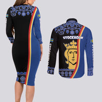 Kingdom of Sweden Stockholm County Couples Matching Long Sleeve Bodycon Dress and Long Sleeve Button Shirt Sweden Coat of arms of Stockholm