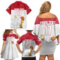 Custom Poland Football Champions Family Matching Off Shoulder Short Dress and Hawaiian Shirt Sporty Style