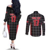 Custom Malta Football Jersey Go Champions Couples Matching Off The Shoulder Long Sleeve Dress and Long Sleeve Button Shirt Black Style