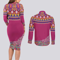 Greenland National Day Couples Matching Long Sleeve Bodycon Dress and Long Sleeve Button Shirt Inuit Kalaallisuut style