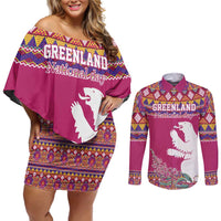 Greenland National Day Couples Matching Off Shoulder Short Dress and Long Sleeve Button Shirt Inuit Kalaallisuut style