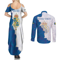 Personalized Kingdom of Sweden Coat of arms Couples Matching Summer Maxi Dress and Long Sleeve Button Shirt