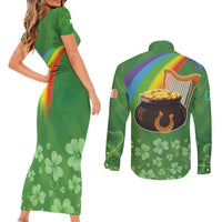 Celtic Harp Shamrock Republic of Ireland Couples Matching Short Sleeve Bodycon Dress and Long Sleeve Button Shirt