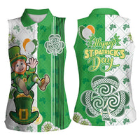 Ireland 17th March Saint Patrick's Day Women Sleeveless Polo Shirt Irish Leprechaun with Shamrock