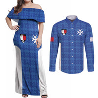Custom Malta Football Jersey Go Champions Couples Matching Off Shoulder Maxi Dress and Long Sleeve Button Shirt Blue Style