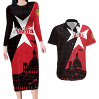Malta Cross With Valletta Capital Couples Matching Long Sleeve Bodycon Dress and Hawaiian Shirt Scenery in Velletta Capital