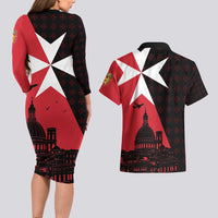 Malta Cross With Valletta Capital Couples Matching Long Sleeve Bodycon Dress and Hawaiian Shirt Scenery in Velletta Capital