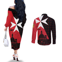 Malta Cross With Valletta Capital Couples Matching Off The Shoulder Long Sleeve Dress and Long Sleeve Button Shirt Scenery in Velletta Capital