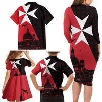 Malta Cross With Valletta Capital Family Matching Long Sleeve Bodycon Dress and Hawaiian Shirt Scenery in Velletta Capital