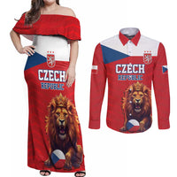 Custom Czech Republic Football Go Champions Couples Matching Off Shoulder Maxi Dress and Long Sleeve Button Shirt Sporty Style with Lion Mascot