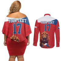 Custom Czech Republic Football Go Champions Couples Matching Off Shoulder Short Dress and Long Sleeve Button Shirt Sporty Style with Lion Mascot