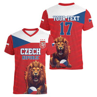 Custom Czech Republic Football Go Champions Women V-Neck T-Shirt Sporty Style with Lion Mascot
