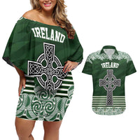 Personalized Celtic Cross Shamrock Ireland Couples Matching Off Shoulder Short Dress and Hawaiian Shirt Celtic Knot with Shamrock