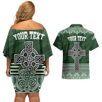 Personalized Celtic Cross Shamrock Ireland Couples Matching Off Shoulder Short Dress and Hawaiian Shirt Celtic Knot with Shamrock