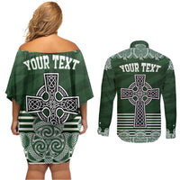 Personalized Celtic Cross Shamrock Ireland Couples Matching Off Shoulder Short Dress and Long Sleeve Button Shirt Celtic Knot with Shamrock
