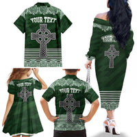 Personalized Celtic Cross Shamrock Ireland Family Matching Off The Shoulder Long Sleeve Dress and Hawaiian Shirt Celtic Knot with Shamrock