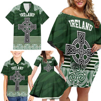 Personalized Celtic Cross Shamrock Ireland Family Matching Off Shoulder Short Dress and Hawaiian Shirt Celtic Knot with Shamrock