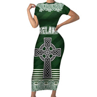 Personalized Celtic Cross Shamrock Ireland Short Sleeve Bodycon Dress Celtic Knot with Shamrock