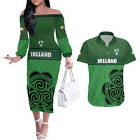 Custom Ireland Football Couples Matching Off The Shoulder Long Sleeve Dress and Hawaiian Shirt Celtic Knot with Shamrock