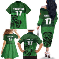 Custom Ireland Football Family Matching Off The Shoulder Long Sleeve Dress and Hawaiian Shirt Celtic Knot with Shamrock