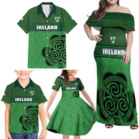 Custom Ireland Football Family Matching Off Shoulder Maxi Dress and Hawaiian Shirt Celtic Knot with Shamrock