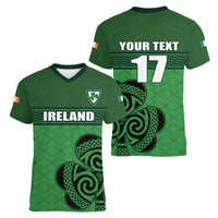 Custom Ireland Football Women V-Neck T-Shirt Celtic Knot with Shamrock