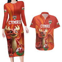Custom Wales Football Go Champions Couples Matching Long Sleeve Bodycon Dress and Hawaiian Shirt Cymru am byth Red Style
