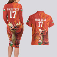 Custom Wales Football Go Champions Couples Matching Long Sleeve Bodycon Dress and Hawaiian Shirt Cymru am byth Red Style