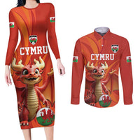 Custom Wales Football Go Champions Couples Matching Long Sleeve Bodycon Dress and Long Sleeve Button Shirt Cymru am byth Red Style