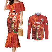 Custom Wales Football Go Champions Couples Matching Mermaid Dress and Long Sleeve Button Shirt Cymru am byth Red Style