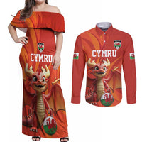 Custom Wales Football Go Champions Couples Matching Off Shoulder Maxi Dress and Long Sleeve Button Shirt Cymru am byth Red Style